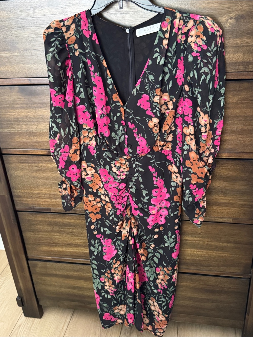 Astr Black Floral Wrap Jumpsuit with Pink & Orange Blooms